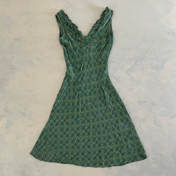 Angie VTG Turquoise Deep V-Neck Ruffle Trim Retro Midi Dress - Picture 2 of 8